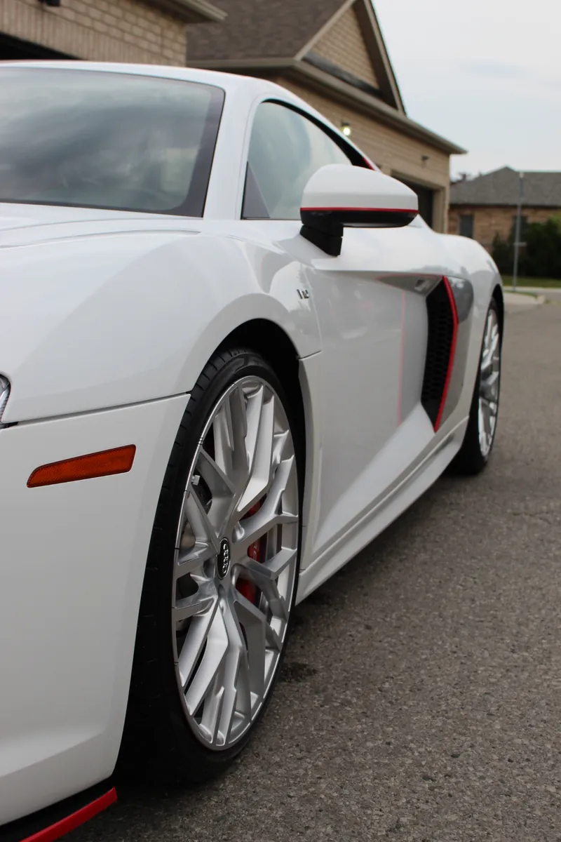 White Audi R8 side profile, wheels cleaned